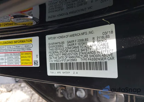 2018 Honda Accord Sport из США, поврежденный, VIN 1HGCV1F37JA125953